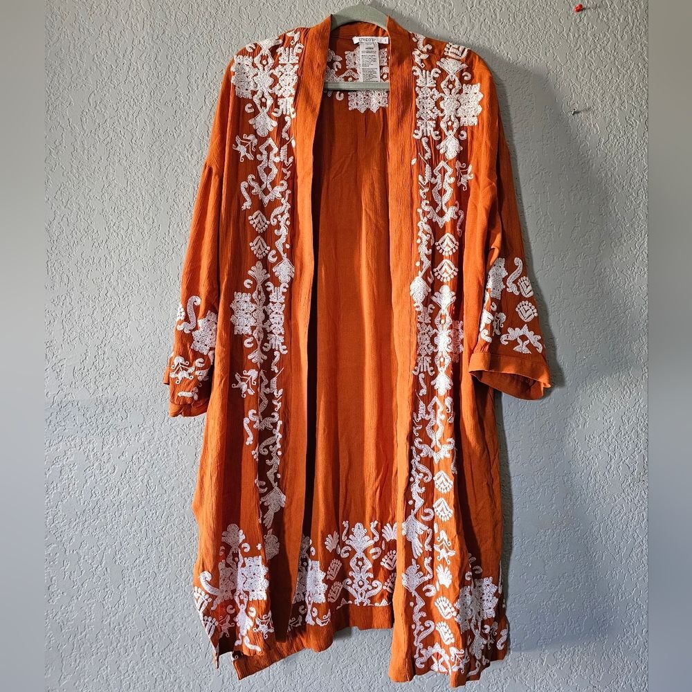 Chico's Burnt Orange Kimono with White Embroidery